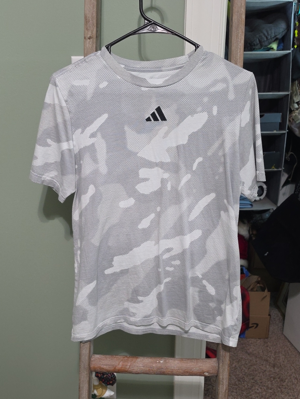 adidas Boys White and Gray Camo Short Sleeve Athletic Tee